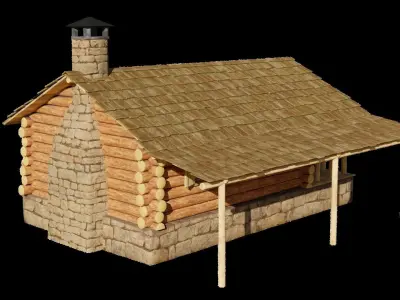 Small Log Cabin with Interior Fireplace Doors and Windows Low-poly 3D model