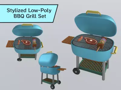 Stylized Low-Poly BBQ Grill Set Low-poly 3D model
