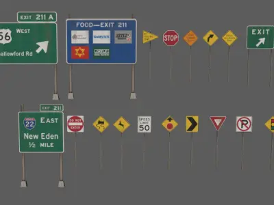 american road sign pack Low-poly 3D model