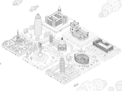 Cartoon Low Poly Europe Landmarks Pack Low-poly 3D model