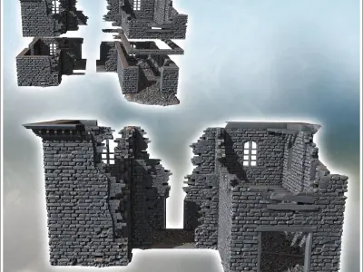 Brick building with missing sections collapsed floors and debris 3D print model