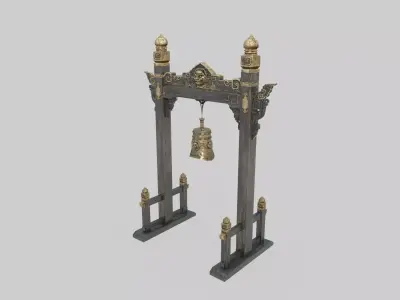 Ancient Asian architectural copper bells and torii gates 3D model