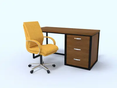 Leather yellow office chair and office table Free 3D model