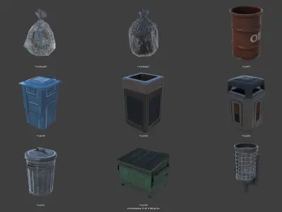 Trashbin set oil cans and barrels Low-poly 3D model