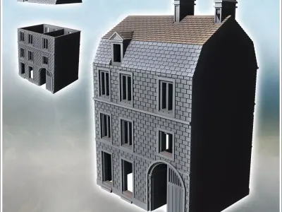 Modern two-story brick house with large wooden door and Mansard  3D print model
