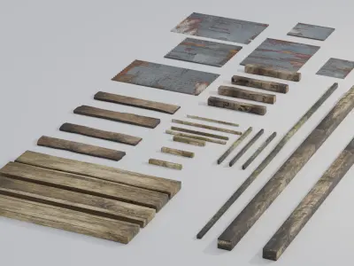 Wood planks and roof sheets Low-poly 3D model