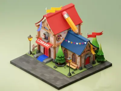 Library - Cartoon  Game Isometric Low-poly 3D model