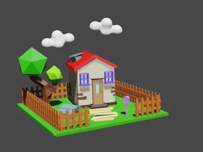 House with trees and fence Low-poly 3D model