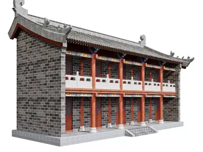 Japan Two-Storey Hall - Grey-Brick Historic Pavilion 3D model