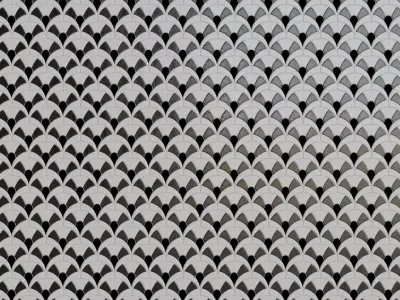 Modern Glossy Black and White Fan Pattern Tiles PBR Seamless Texture
