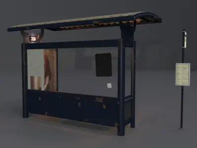 Bus station with timetable pole PBR  3D model