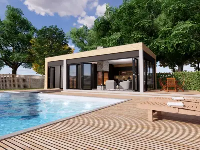 modern pool house with fireplace 3d model Low-poly 3D model