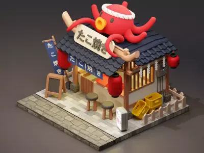 Japanese Takoyaki Stall - Cartoon Game Isometric Low-poly 3D model