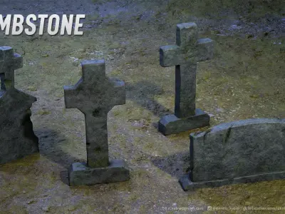 Tombstone - 3D model - Game Ready four tombstones Low-poly 3D model