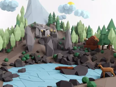 Low poly lanscape mountain hill tree lake and other items Low-poly 3D model