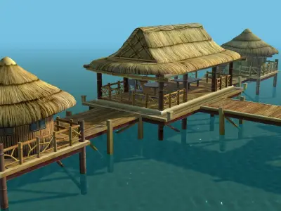 Bungalow - low poly wooden structure with boat Low-poly 3D model