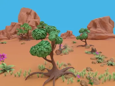 Cartoon set desert with rocks and trees 3D model