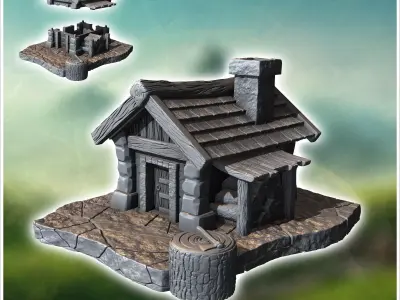 Medieval woodcutters hut with log and axe 8 - Medieval Gothic Fe 3D print model