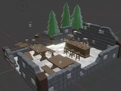 Low poly bar in the ruined house Low-poly 3D model