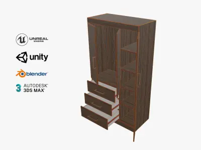 Simple low polly Wardrobe 3 drawers 3 doors Low-poly 3D model