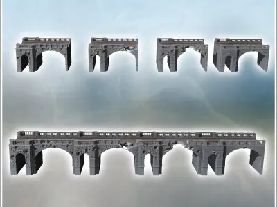 Modern modular brick bridge with multiple pillars and stone rail 3D print model
