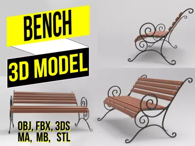 Bench 3D model wooden Low-poly 3D model