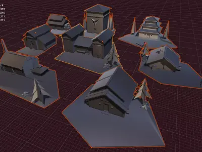 The collection of 8 Houses for games Free low-poly 3D model