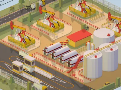 Isometric Oil Field Extracting Crude Big Base Low-poly 3D model