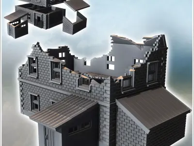 Brick building with two annexes and mansard roof ruined version  3D print model