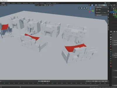 Low Poly Village street with buildings and umbrellas 3D model