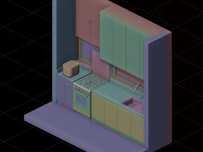 Walnut And Black Isometric Kitchen Interior 3D model