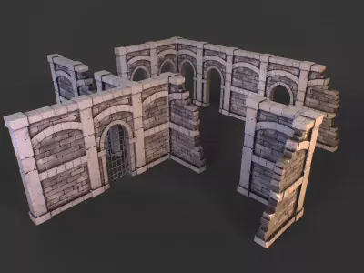 Modular medieval stone walls for dungeon pack Low-poly 3D model