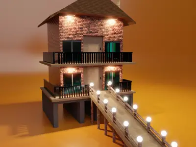 Floating House 3D model with textures Low-poly 3D model