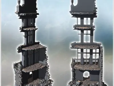 Tall narrow building with a gothic rooftop ornate statues and he 3D print model