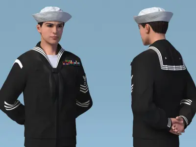  US Navy Asian Sailor in Black Uniform Standing Pose 