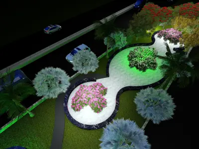 Landscape lit pathway with palm trees Low-poly 3D model