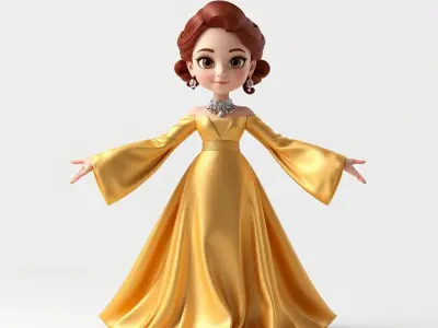 Elegant Princess Character Model in Golden Gown Low-poly 3D model