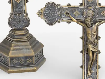  Antique Religious Desk Crucifix Jesus Bronze with Silver 