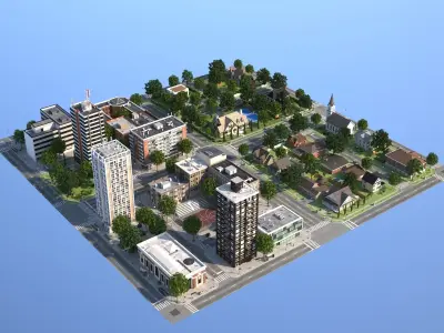 Town with suburb Low-poly 3D model