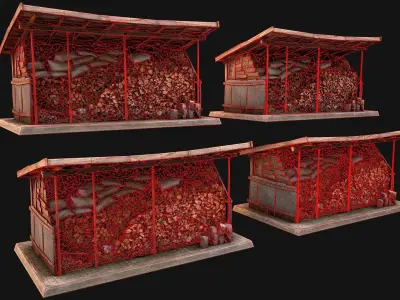 Fire Wood Storage Shelters Medieval Barn Warehouse Low-poly 3D model