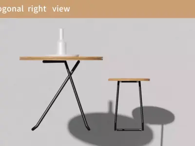 Round table and stool furniture set placed on wooden floor 3D model