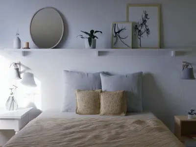 Bedroom round mirror on shelf 3D model