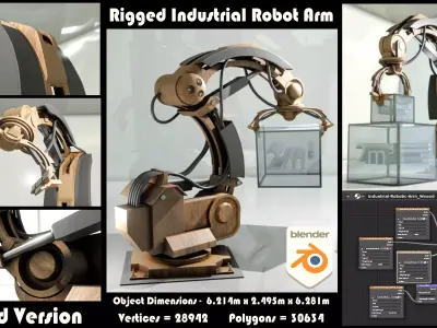 Rigged Industrial Robot Arm Wood Version Low-poly 3D model