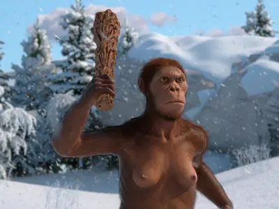  Prehistoric Hominid with Wooden Club in Attack Pose Fur for Cinema 4D 