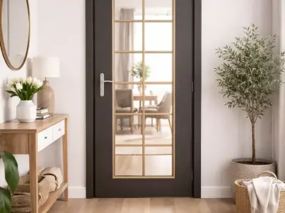 Matte Black Interior Door with Full-Length Arched Glass Grid Low-poly 3D model