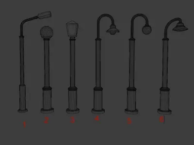 Urban Street Light Gas lamp classic and Light Pole  set 6  Low-poly 3D model