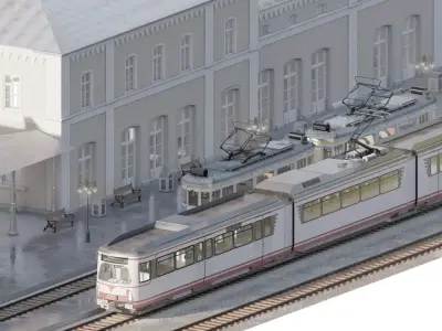 VINTAGE TRAM STATION WITH TRAMS 3D model