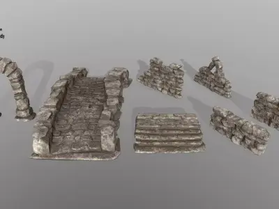ruin set statue of stone bridge Low-poly 3D model