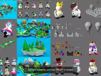 Cartoon snowmen and sea village 3D Model Pack