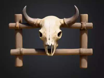 Wooden Fence with Bull Skull Head Low-poly 3D model
